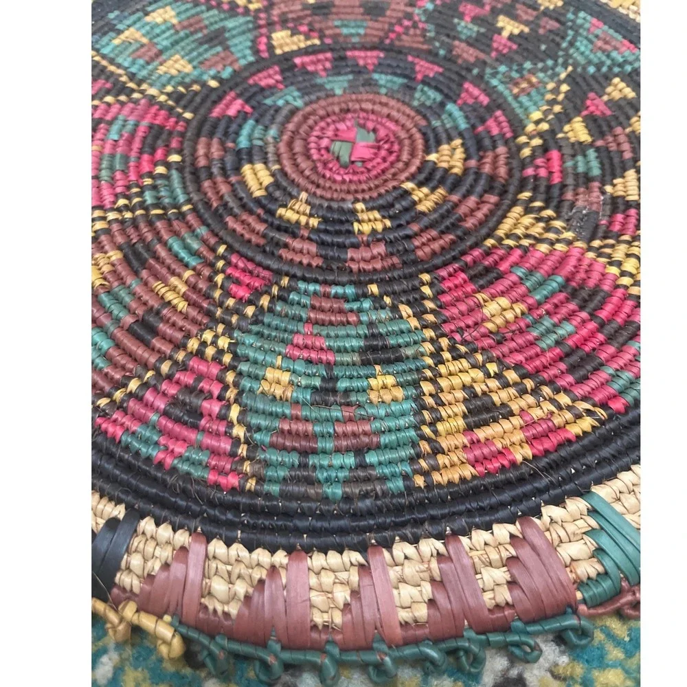 Vtg African Coiled Flat Baskets Set 4 Mismatched Geometric‎ Boho Trays Placemats
